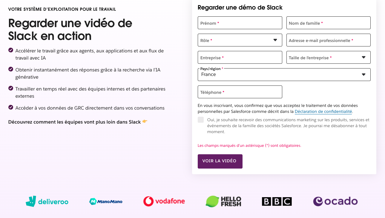 exemple de landing page slack