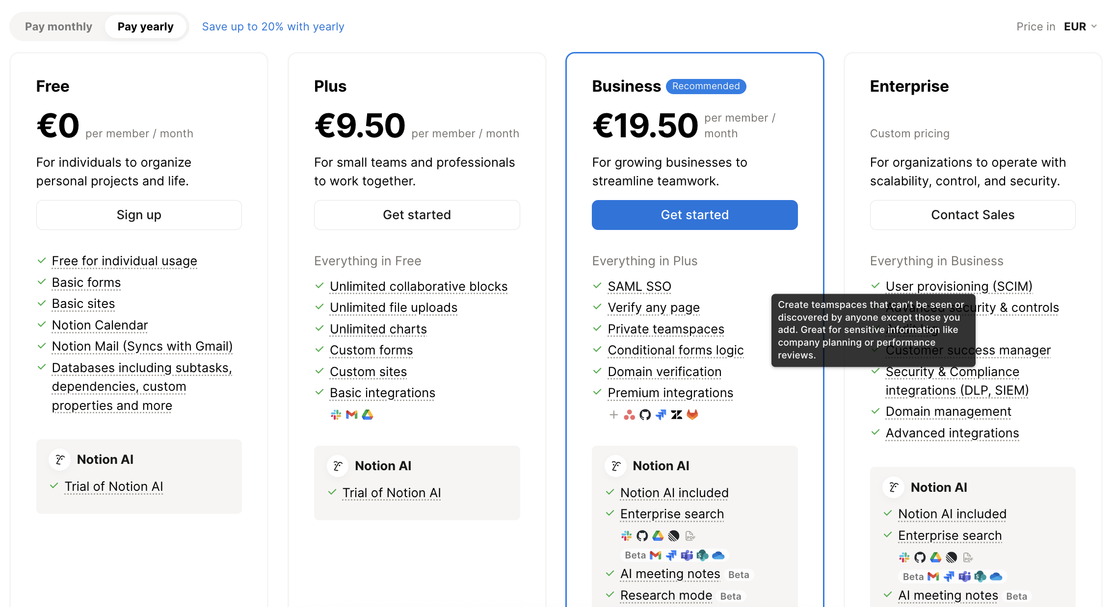 exemple de page pricing notion