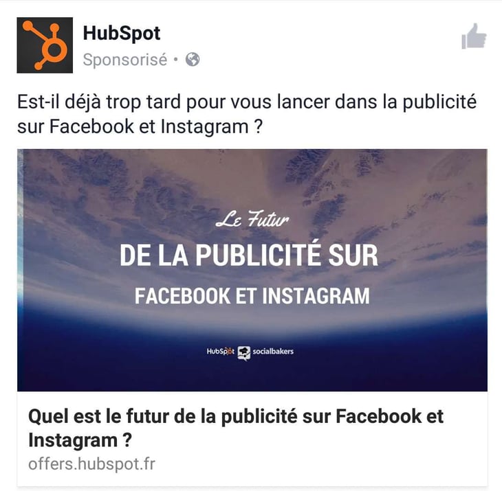 Post sponsorisé Hubspot sur Facebook