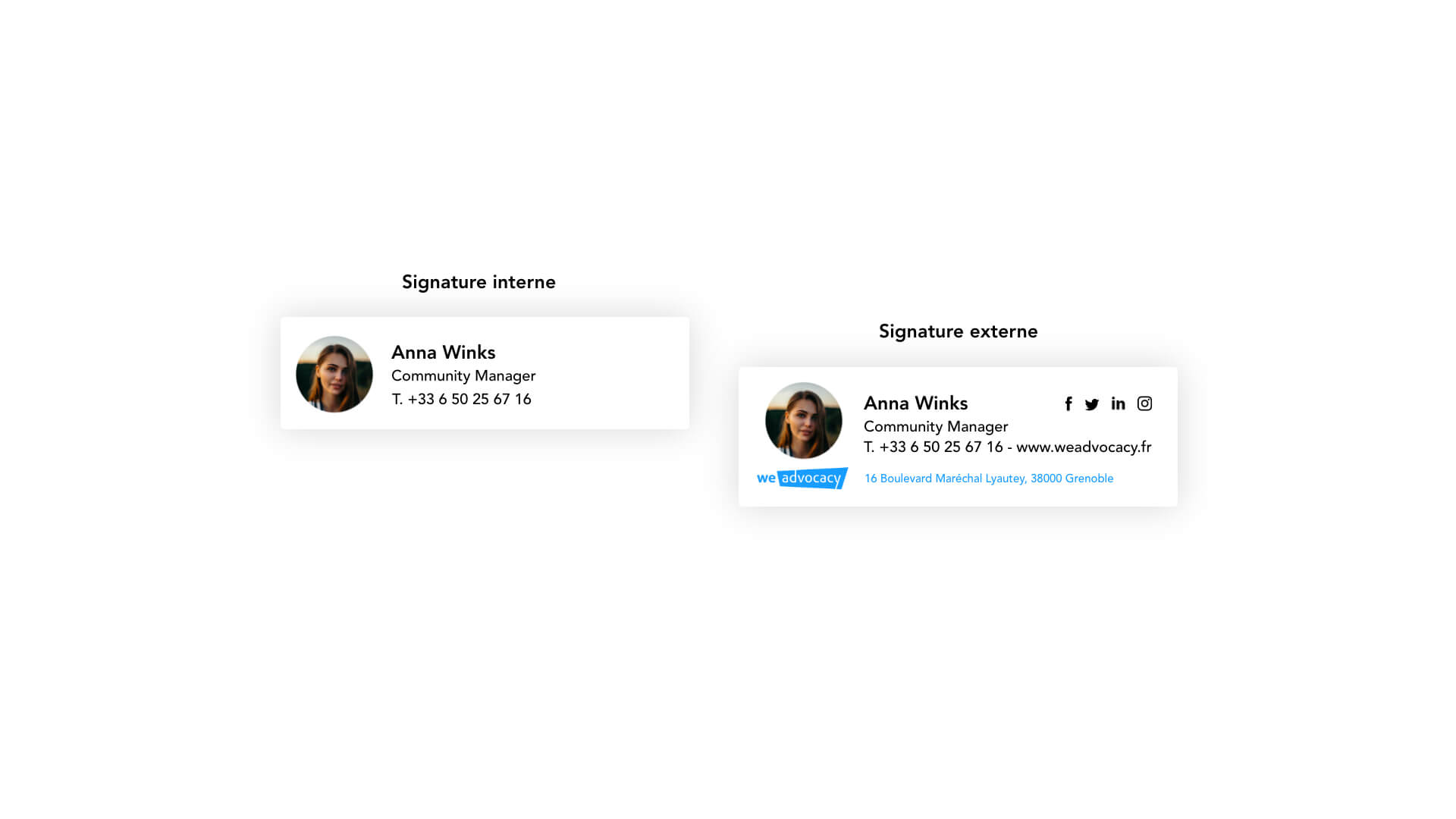 Le collaborateur peut ainsi avoir une signature interne et une autre signature externe qui vont évoluer automatiquement en fonction du contexte de son email.