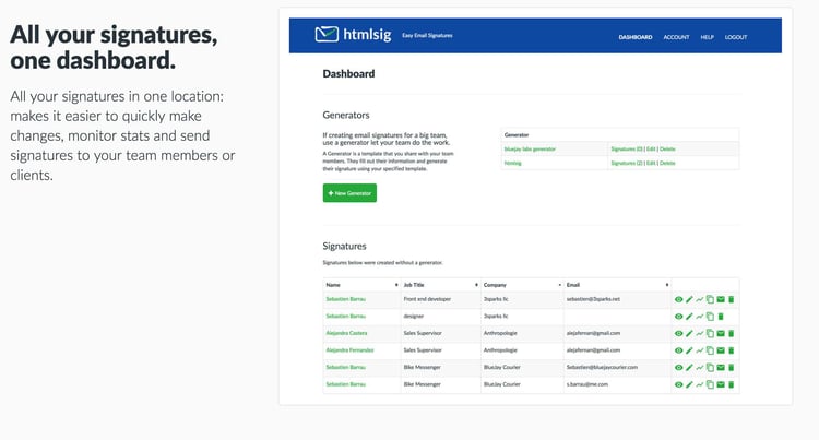 Le tableau de bord de htmlsig permet de gérer les signatures mails de vos équipes